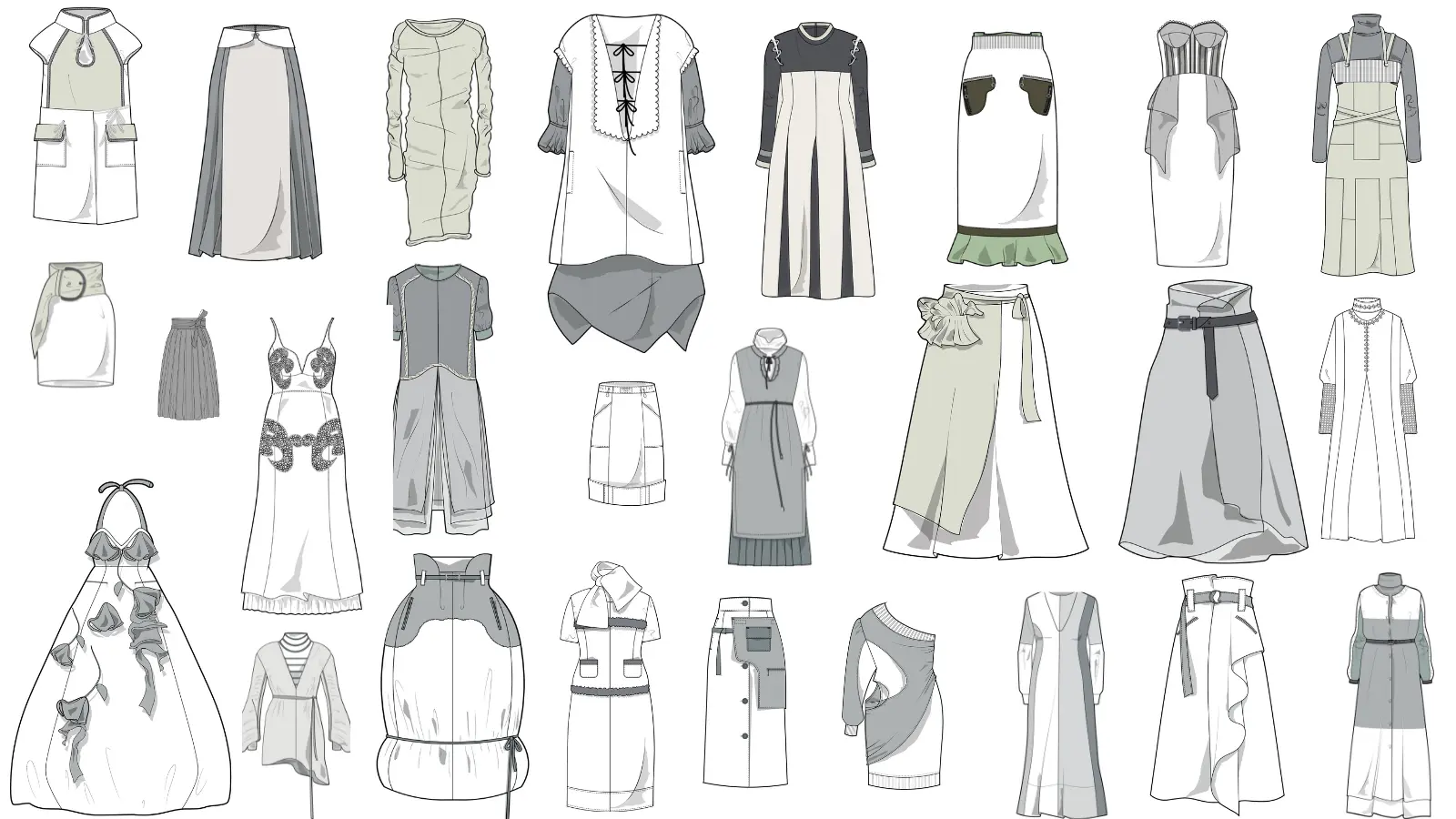 Dresses & Skirts Flat Sketch Library