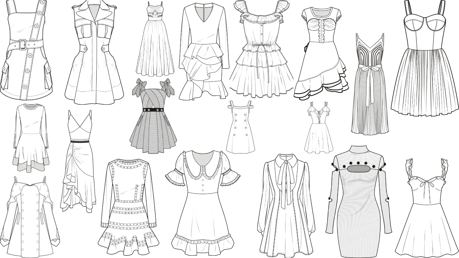Casual Dresses Flat Sketch Library